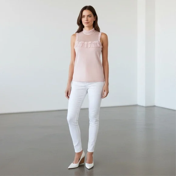 🌴 White House Black Market Pink Sleeveless Ruffled Mesh Blouse - Picture 2 of 6